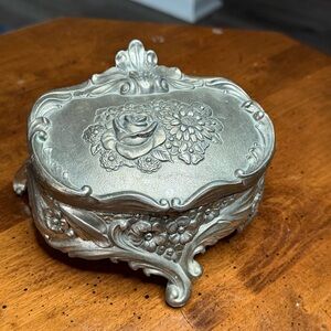 Silver Plated Floral Design Trinket Box with Red Velvet Lining